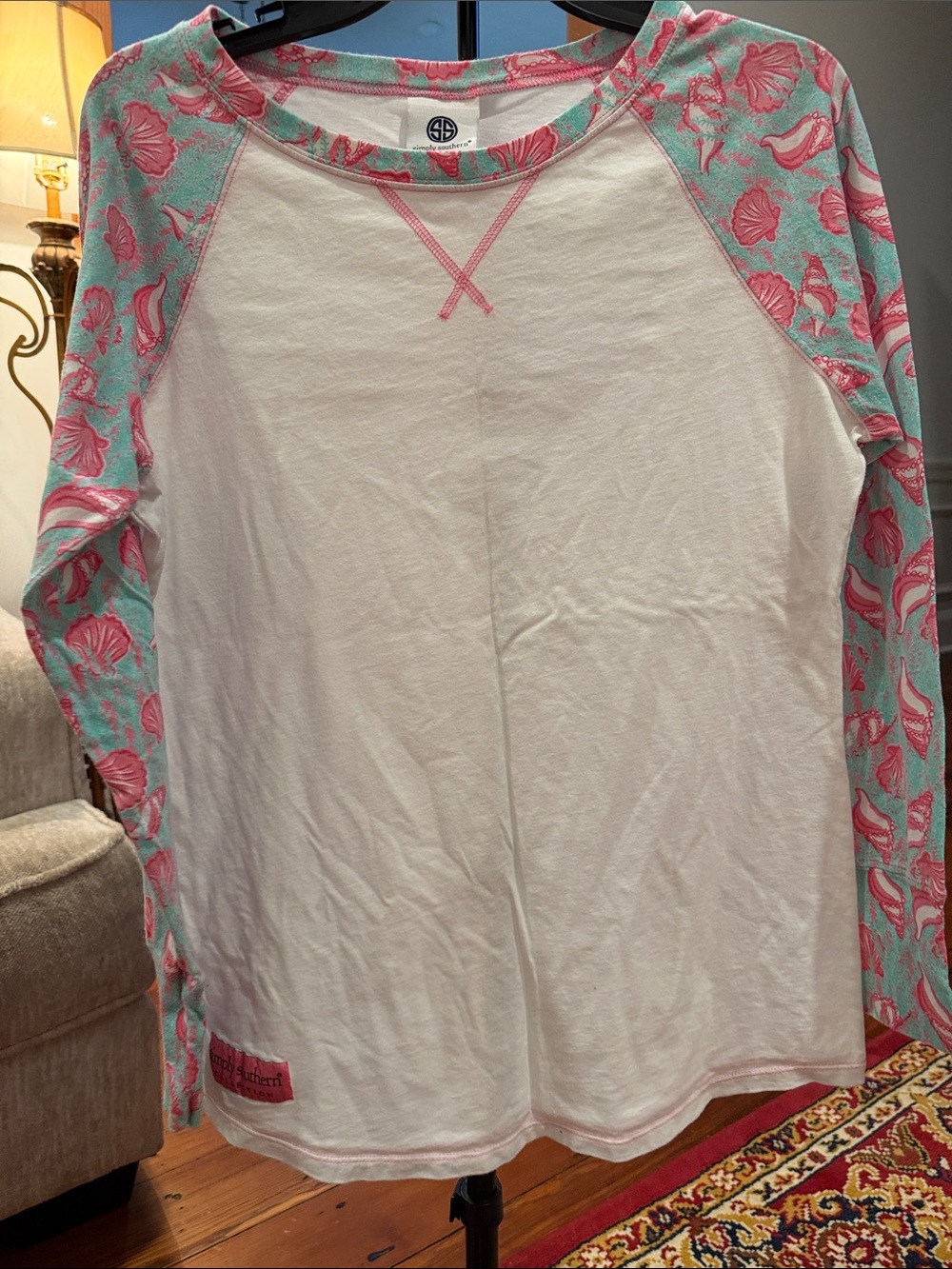 Simply Southern Cream Long Sleeve Raglan with Mint Pink Shell Print